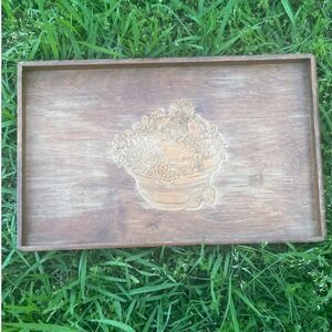 Vintage Serving Tray Home 19x12 Brown Wood Carved Fruit